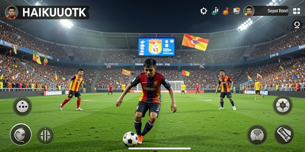 Tangkapan layar gameplay HAIKUOTK menampilkan pertandingan sepak bola yang intens.