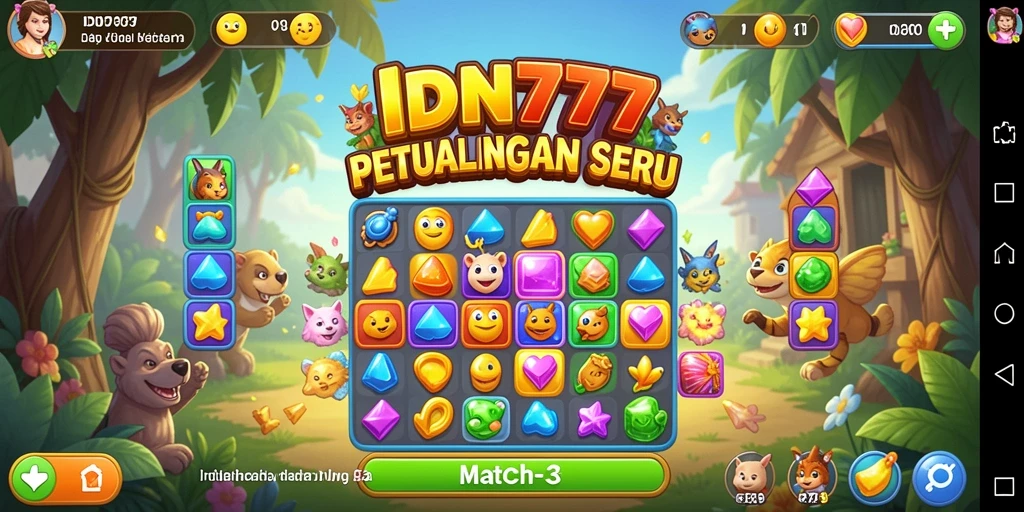 Tampilan gameplay IDN777 dengan elemen Match-3 yang berwarna-warni.