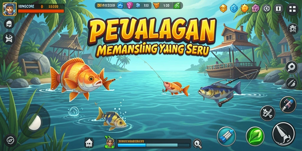 Screenshot gameplay <strong>IDNSCORE</strong> menunjukkan aktivitas memancing yang seru.