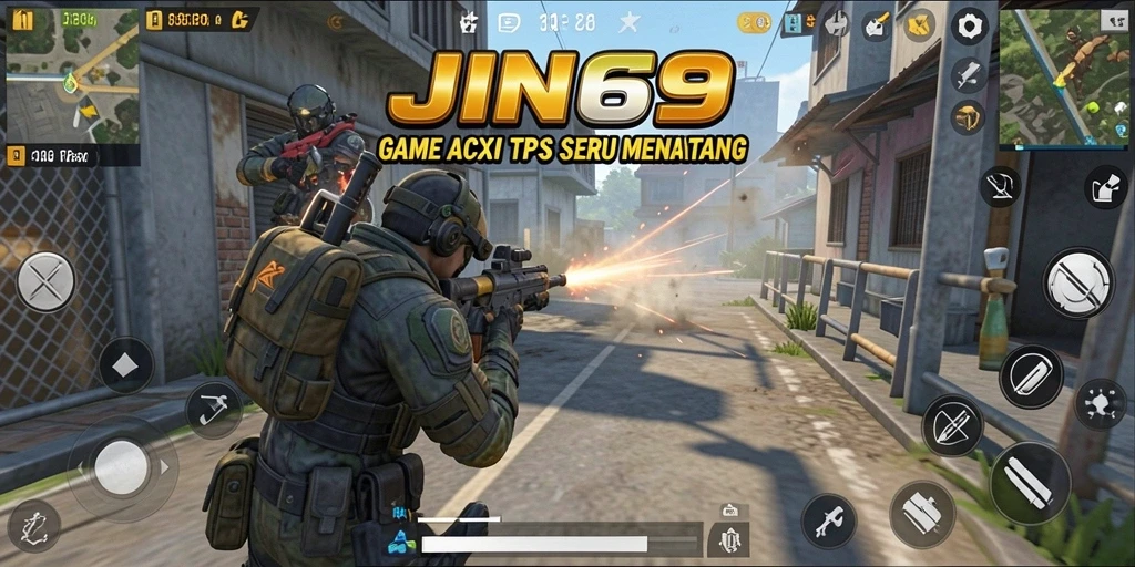 Screenshot utama JIN69 menampilkan aksi gameplay TPS yang intens.