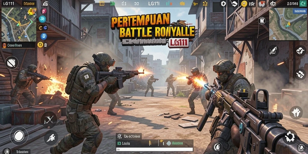 Tampak screenshot gameplay LG111 dengan aksi Battle Royale yang intens.
