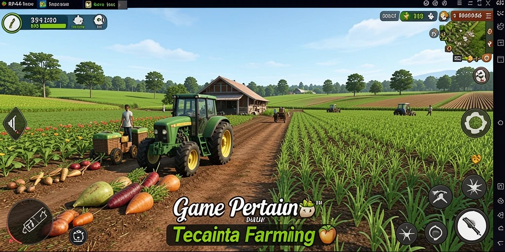 Screenshot gameplay RR44 yang menampilkan ladang hijau subur dan hewan ternak.